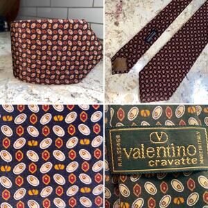 VALENTINO Men’s $220 100% Silk Designer Tie Black Brown Print EUC
